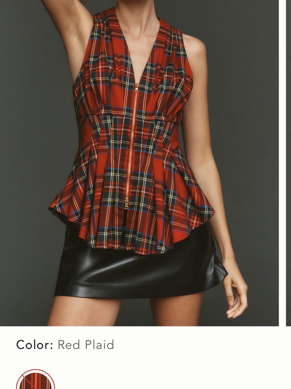 Anthropologie Maeve Waisted Zip-Front Sleeveless Top xl  Red Plaid New